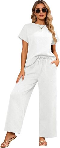 Bealin بدلات المسار للنساء مجموعة بلوزات قصيرة الأكمام بنطال ذو قصة أرجل واسعة 2 قطعة صالة مجموعات فضفاضة تناسب مطابقة وتتسابق in Kuwait