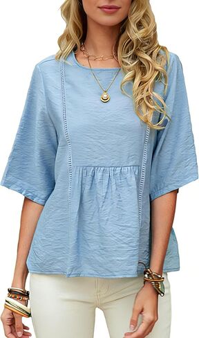 نساء من الكتان الصيفي للقطن نصف الأكمام قميص طاقم طاقم فضفاضة ملائمة صلبة كبيرة الحجم من بلوزة تي شيرت in Kuwait