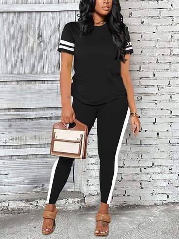 Women's 2 piece outfits sweatsuit summer workout striped short sleeve long sweatpants casual jogging lounge set in Saudi Arabia