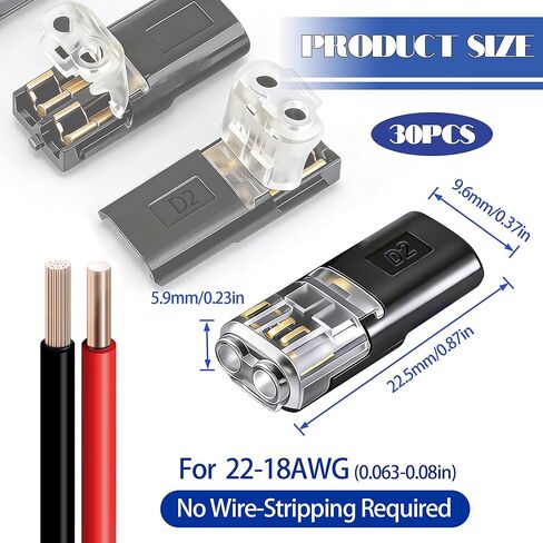 Dianrui 30 PCS Double Wire Plug in Connector Led Light Strip Connectors 2 Pin, Quick Connect Wire Connectors Push-in, Low Voltage Wire Connector with Lock-Grip in Saudi Arabia