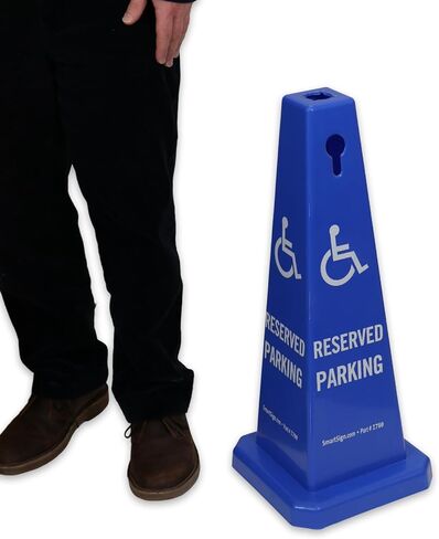 SmartSign 4-Sided Reserved Parking Cone Sign with Handicap Symbol - 26.75" x 11", Tough Molded Plastic, Stackable Traffic Safety Cones, Insert Slots for Easy Use, 360-Degree Visibility, Blue and White in Saudi Arabia