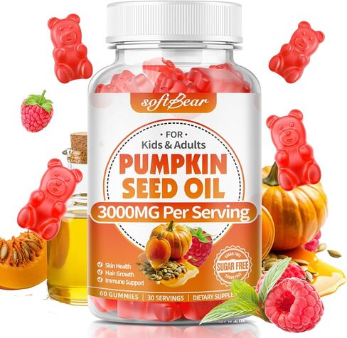 علكات زيت بذور اليقطين من سوفت بير، مكمل زيت بذور اليقطين العضوي مع البلميط المنشاري لنمو الشعر وصحة البشرة، معصور على البارد/خالي من السكر، نكهة التوت 60 قطعة in Kuwait