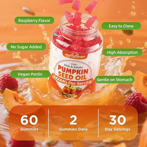 علكات زيت بذور اليقطين من سوفت بير، مكمل زيت بذور اليقطين العضوي مع البلميط المنشاري لنمو الشعر وصحة البشرة، معصور على البارد/خالي من السكر، نكهة التوت 60 قطعة in Kuwait