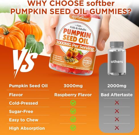 علكات زيت بذور اليقطين من سوفت بير، مكمل زيت بذور اليقطين العضوي مع البلميط المنشاري لنمو الشعر وصحة البشرة، معصور على البارد/خالي من السكر، نكهة التوت 60 قطعة in Kuwait