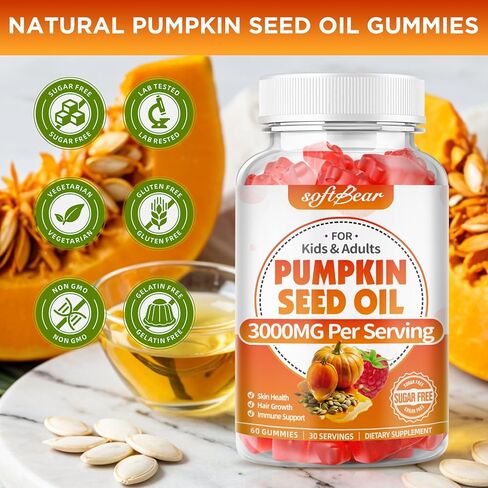 علكات زيت بذور اليقطين من سوفت بير، مكمل زيت بذور اليقطين العضوي مع البلميط المنشاري لنمو الشعر وصحة البشرة، معصور على البارد/خالي من السكر، نكهة التوت 60 قطعة in Kuwait