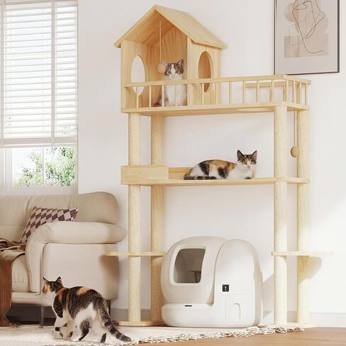 Cat Tower for Automatic Litter Box, Cat Tree with Litter Box Enclosure, 68''H Cats Tree with Scratching Post/Board, 2 Cat Condos, Round Hammock, Elastic Dangling Ball, Rustic Brown in Kuwait