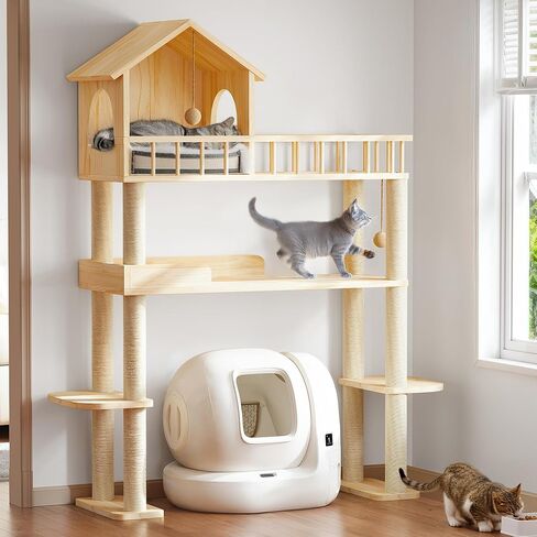 Cat Tower for Automatic Litter Box, Cat Tree with Litter Box Enclosure, 68''H Cats Tree with Scratching Post/Board, 2 Cat Condos, Round Hammock, Elastic Dangling Ball, Rustic Brown in Kuwait