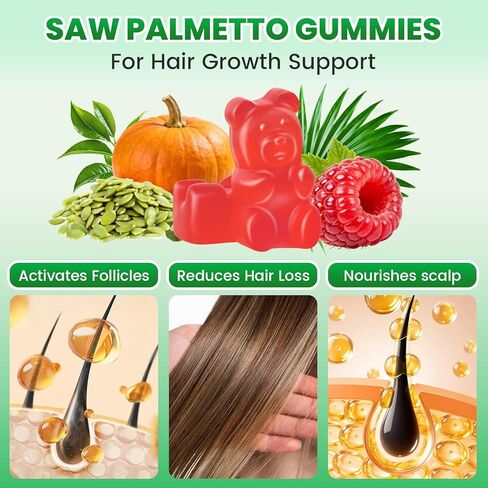 Saw Palmetto Gummies 600mg for Men & Women – Pumpkin Seed Oil Gummies with Saw Palmetto Supplement for Hair Growth & Skin Health, DHT Blocker - Sugar Free, Non-GMO, Raspberry Flavor 120 Count in Kuwait