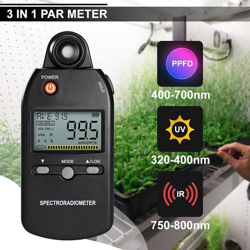 PAR Meter 320-800 nm PPFD Meter Measures PPFD, UVA, and IR Light Intensity, PAR Meter for LED Grow Lights, Quantum PAR Meter Features Data Storage, Hold/MAX/MIN/AVG, Wavelength Switching Modes in Saudi Arabia
