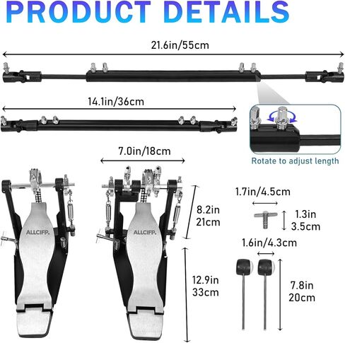 دواسة طبلة مزدوجة الجهير، دواسات ركلة مزدوجة لمجموعة الطبول الكهربائية الصوتية، مع محرك مزدوج السلسلة، لوح قدم معدني مصقول، لمسة نهائية مطلية بالكهرباء، مناسبة لممارسة المبتدئين، من ALLCIFP in Kuwait
