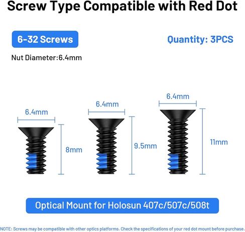طقم براغي منقط أحمر مكون من 9 قطع يتضمن 6-32 بوصة 8 مم/9.5 مم/11 مم لبصريات Red Dot Sight والتركيب المتوافق مع Holosun 407c/507c/508t، وخزانة الخيوط الزرقاء المصنوعة من الفولاذ المقاوم للصدأ in Kuwait