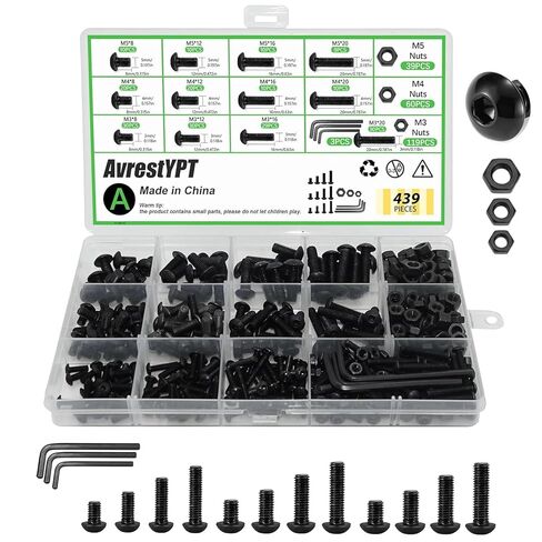 439PCS Metric Bolt and Nut Assortment Kit - M3 M4 M5 Machine Screws with Lock & Flat Washers, Grade 10.9 Alloy Steel Hex Socket Button Head Silver Screw Set for Hardware, 3D Printer, and DIY Projects in Saudi Arabia