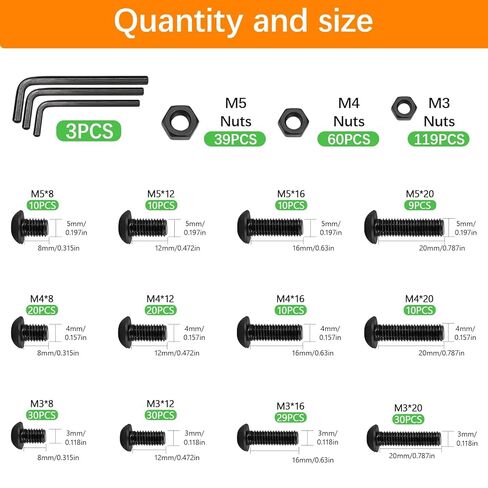 439PCS Metric Bolt and Nut Assortment Kit - M3 M4 M5 Machine Screws with Lock & Flat Washers, Grade 10.9 Alloy Steel Hex Socket Button Head Silver Screw Set for Hardware, 3D Printer, and DIY Projects in Saudi Arabia