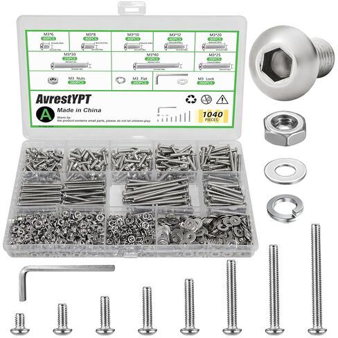 مجموعة 1040 قطعة M3 من الصواميل والمسامير المتنوعة، M3x6/8/10/12/20/25/30/40 مم، براغي رأس سداسية مترية، صواميل وغسالات مسطحة، لتعديلات الطابعة ثلاثية الأبعاد، إطار السرير، الأثاث، السيارات in Kuwait