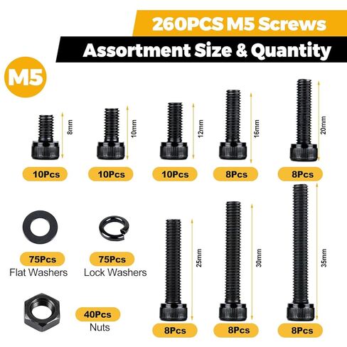 طقم براغي M5 260 قطعة، غسالات صواميل M5، 12.9 سبيكة فولاذية مطلية برأس سداسي ومسامير وغسالات، مجموعة M5x8/10/12/16/20/25/30/35 مم in Saudi Arabia