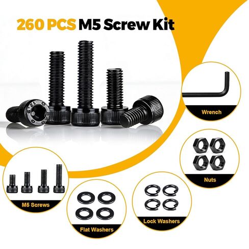 طقم براغي M5 260 قطعة، غسالات صواميل M5، 12.9 سبيكة فولاذية مطلية برأس سداسي ومسامير وغسالات، مجموعة M5x8/10/12/16/20/25/30/35 مم in Saudi Arabia