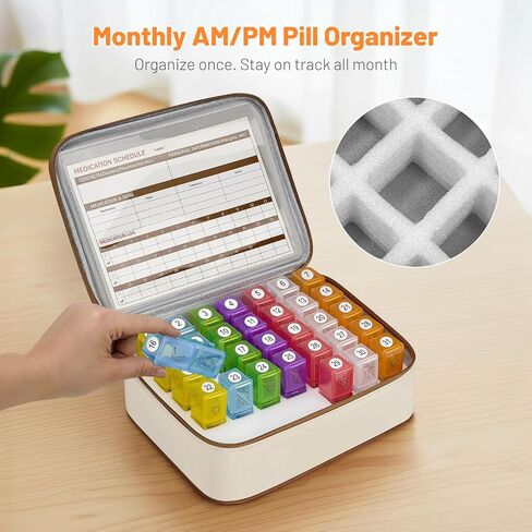 Mancro Monthly Pill Organizer 2 Times a Day, 31 Day AM PM Pill Box with Medication Schedule Card, Easy Open Daily Compartments for Adults&Seniors, Includes Weekly Travel Pill Pouch for Home&Travel in Kuwait