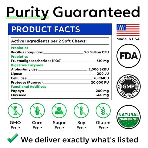 اللحاء والشرارة الطبيب البيطري قوة الكلب مضغ - الغاز ، الإسهال ، الحساسية ، الإمساك ، اضطراب في المعدة ، مع إنزيمات هضمية + اليقطين + البري بيوتيك - 120 مضغ ناعم وبط in Kuwait