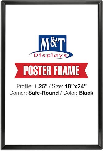 M&T Displays Snap Poster Frame, Black, 1.25" Aluminum Profile, Front Loading, Wall Mounting, Photo, Picture, Document, Certificate, Sign Holder, Safe Corner, Anti Glare Cover (Black, 20x30 in) in Saudi Arabia