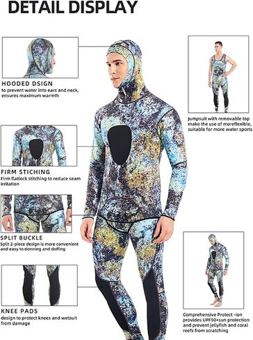 Hooded Camouflage 3MM Two-Piece Neoprene Wetsuit for Scuba Diving Swimming Underwater Hunting Wetsuit Keeps Warm and Cold in Saudi Arabia