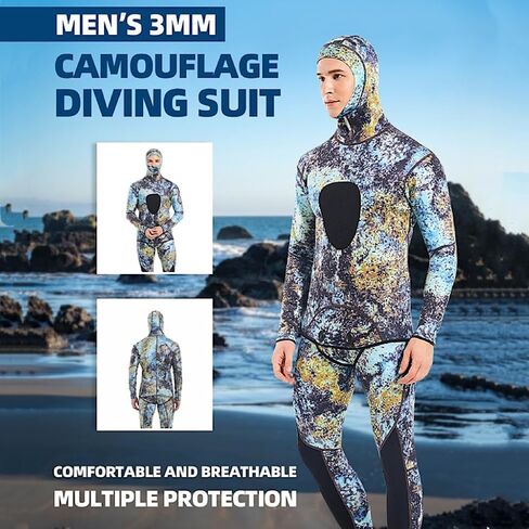 Hooded Camouflage 3MM Two-Piece Neoprene Wetsuit for Scuba Diving Swimming Underwater Hunting Wetsuit Keeps Warm and Cold in Saudi Arabia