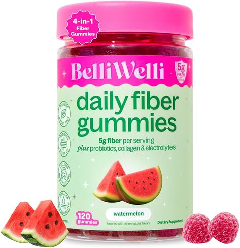 Belli Welli Fiber 4-in-1 Fiber Gummies Supplement with Added Probiotics, Collagen and Electrolytes for Regularity and Bloat Relief, Watermelon, 120 Count in Kuwait