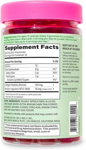 Belli Welli Fiber 4-in-1 Fiber Gummies Supplement with Added Probiotics, Collagen and Electrolytes for Regularity and Bloat Relief, Watermelon, 120 Count in Kuwait