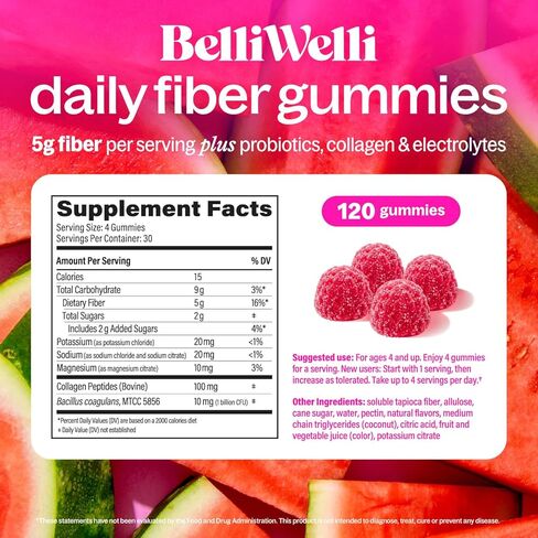 Belli Welli Fiber 4-in-1 Fiber Gummies Supplement with Added Probiotics, Collagen and Electrolytes for Regularity and Bloat Relief, Watermelon, 120 Count in Kuwait