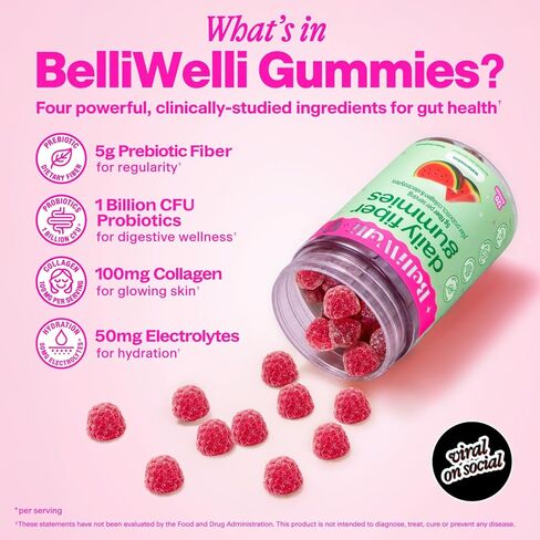 Belli Welli Fiber 4-in-1 Fiber Gummies Supplement with Added Probiotics, Collagen and Electrolytes for Regularity and Bloat Relief, Watermelon, 120 Count in Kuwait