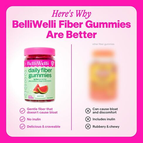 Belli Welli Fiber 4-in-1 Fiber Gummies Supplement with Added Probiotics, Collagen and Electrolytes for Regularity and Bloat Relief, Watermelon, 120 Count in Kuwait