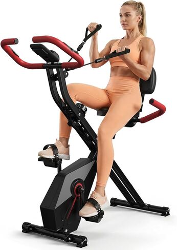 دراجة تمرين قابلة للطي - دراجة ثابتة للمنزل مع دولاب الموازنة بوزن 5.5 رطل وأشرطة مقاومة للذراع، سعة 300 رطل، هادئة 10 ديسيبل، مراقب معدل ضربات القلب لتمارين القلب الصغيرة in Kuwait