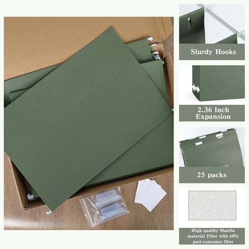 gisgfim 25 Pack Reinforced 11x17 Hanging File Folders 1/5 Cut Heavy Duty Hanging File Folders with Plastic Tabs & Label Cards Expanding Hangers File Organizer for Drawing Engineering Document (Green) in Kuwait