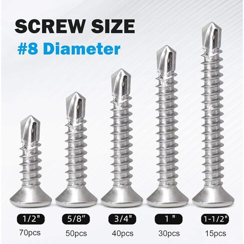 205Pcs #8 Self Tapping Screws Assortment Kit, 410 Stainless Steel Self Drilling Sheet Metal Screws, 5 Sizes (1/2", 5/8", 3/4", 1", 1-1/2") for Drywall and Wood in Saudi Arabia