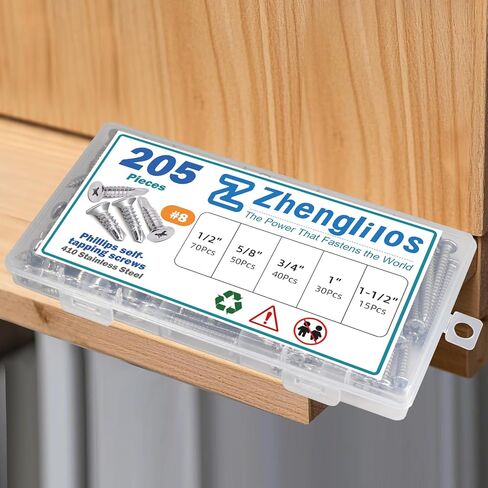 205Pcs #8 Self Tapping Screws Assortment Kit, 410 Stainless Steel Self Drilling Sheet Metal Screws, 5 Sizes (1/2", 5/8", 3/4", 1", 1-1/2") for Drywall and Wood in Saudi Arabia