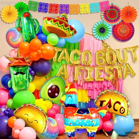 Katchon ، ضخمة 28 PCS Taco Bout A Party Decorations - Cinco de Mayo Decorations | لافتة مكسيكية لزخارف حفل العيد | البالونات تاكو ، بالونات العيد | البالونات الصبار ، زينة حفل تاكو in Kuwait