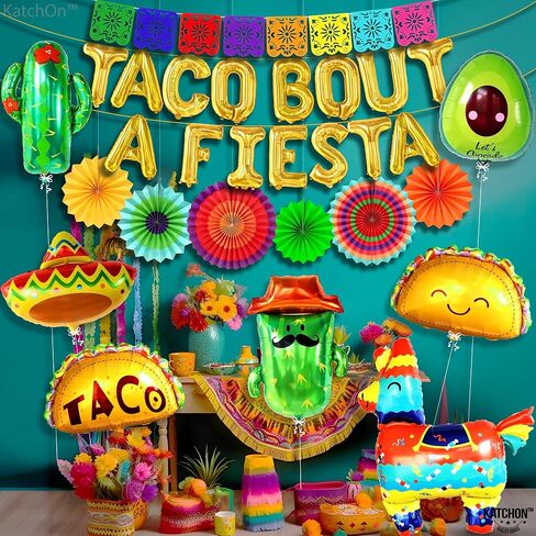 Katchon ، ضخمة 28 PCS Taco Bout A Party Decorations - Cinco de Mayo Decorations | لافتة مكسيكية لزخارف حفل العيد | البالونات تاكو ، بالونات العيد | البالونات الصبار ، زينة حفل تاكو in Kuwait