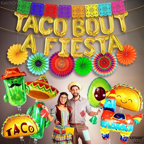 Katchon ، ضخمة 28 PCS Taco Bout A Party Decorations - Cinco de Mayo Decorations | لافتة مكسيكية لزخارف حفل العيد | البالونات تاكو ، بالونات العيد | البالونات الصبار ، زينة حفل تاكو in Kuwait