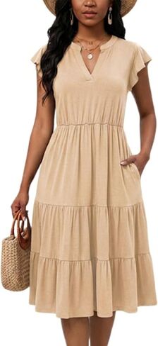 Womens Summer Dress Ruffle Sleeve V Neck Midi Dresses Casual Fit Flowy Tiered Boho Beach Vacation Sundress in Kuwait