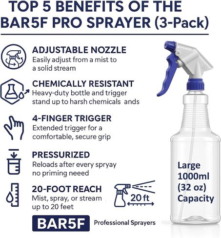 Bar5F Professional Spray Bottles, 32 oz, 3-Pack, Chemical-Resistant, Specialized Sprayer, Adjustable Nozzle, Clear in Saudi Arabia