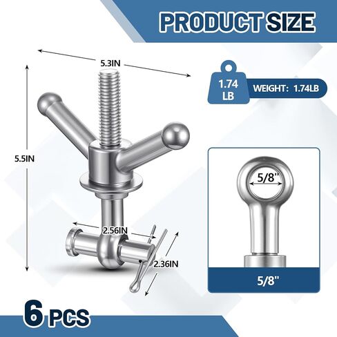 6 Pack Stainless Steel Wingnut Assembly for Manways, 5/8" Eye Bolt, 5-1/2" Long for Vacuum Tanks Pressure Vessels in Kuwait