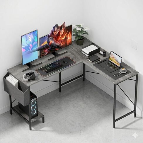 مكتب على شكل L - 50 "مكتب كمبيوتر مكاتب منزلي قابلة للانعكاس ، أعلى الخشب ، إطار معدني ، كيس جانبي ، طاولة زاوية قوية للمكتب للألعاب للعمل ، الكتابة والدراسة ، توفير الفضاء in Kuwait