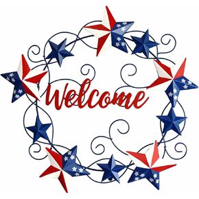 Metal Patriotic Wreaths for Front Door Red White Blue Star 4th of July Wreaths Independence Day Hanging Vintage Rustic Independence Day Welcome Sign for Porch Wall Home Outdoor, 14 Inch in Kuwait