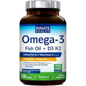 مكمل زيت السمك أوميغا 3 من Innate Vitality، 2000 مجم من زيت السمك لكل حصة، EPA 600 مجم + DHA 400 مجم مع فيتامينات D3 K2، يدعم صحة الدماغ والقلب، مستدام ومصنوع من البرية، 60 كبسولة هلامية in Kuwait