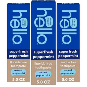 Hello Superfresh Natural Peppermint Fluoride Free Toothpaste, 5 Oz, Minty Bad Breath Toothpaste, Cool and Refreshing, SLS Free, Vegan, Helps Whiten Teeth by Removing Surface Stains (3 Pack) in Kuwait