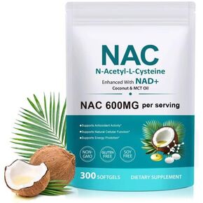 مكمل AIQIUSHA NAC 600 مجم، كبسولات هلامية N-Acetyl Cysteine ​​مع زيت جوز الهند وزيت MCT، دعم صحي يومي، غير معدل وراثيًا، خالي من الغلوتين، 300 كبسولة هلامية in Kuwait