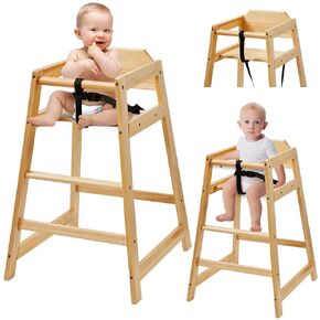 Wooden Baby High Chair, Neoflavie 4 Pcs Stack-able Solid Wood Feeding Seat with 3 Point Safety Harness and 4 Pcs Baby Bibs for Restaurant & Home Use - Natural in Kuwait