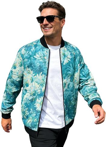 Men's Lightweight Floral Print Jacket, Spring Autumn Casual Streetwear, Slim Fit Urban Sport Coat, Machine Washable in Saudi Arabia