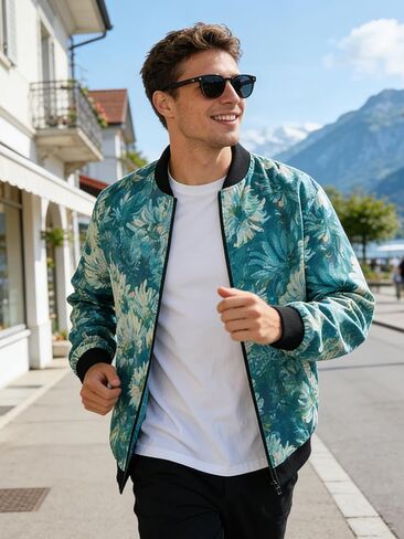 Men's Lightweight Floral Print Jacket, Spring Autumn Casual Streetwear, Slim Fit Urban Sport Coat, Machine Washable in Saudi Arabia