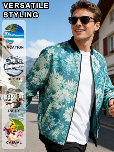 Men's Lightweight Floral Print Jacket, Spring Autumn Casual Streetwear, Slim Fit Urban Sport Coat, Machine Washable in Saudi Arabia