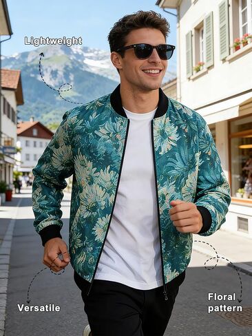 Men's Lightweight Floral Print Jacket, Spring Autumn Casual Streetwear, Slim Fit Urban Sport Coat, Machine Washable in Saudi Arabia